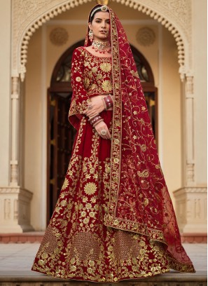 Floral Maroon Dori Work Velvet Lehenga Choli