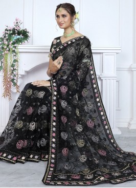 Floral Net Black Stone Traditional Saree