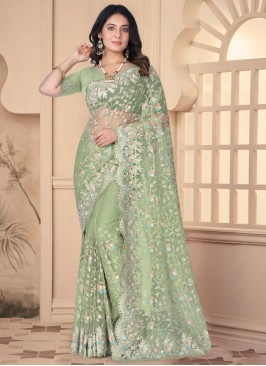 Floral Net Green Moti Classic Saree