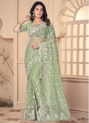 Floral Net Green Moti Classic Saree