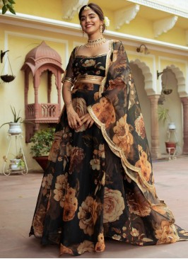 Floral Patterns Organza Designer Lehenga Choli in Black