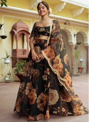 Floral Patterns Organza Designer Lehenga Choli in Black