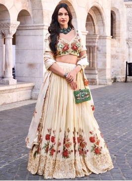 Floral Print Silk Designer Lehenga Choli in Cream