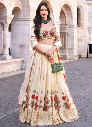 Floral Print Silk Designer Lehenga Choli in Cream