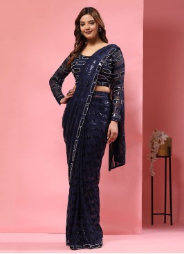 Floral Pure Georgette Embroidered Navy Blue Design