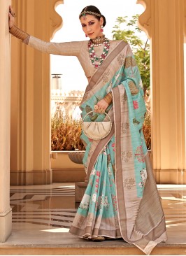 Foil Print Raw Silk Saree in Sea Green