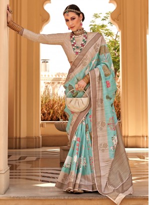 Foil Print Raw Silk Saree in Sea Green