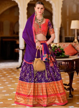 Foliage Print Silk Readymade Lehenga Choli in Violet