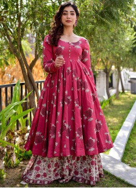 Genial Pink Digital Printed Cotton Silk Gown With 