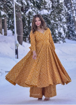 Genial Yellow Digital Printed Cotton Silk Gown Wit