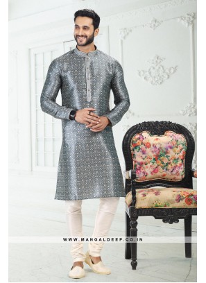 Genial Grey Printed Banarasi Silk Kurta Set For men