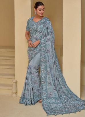 Genius Mirror Banarasi Silk Grey Designer Saree