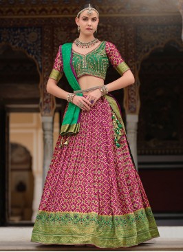 Geometric Print Silk Readymade Lehenga Choli in Purple