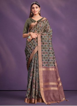 Geometric Print Tussar Silk Classic Saree in Brown