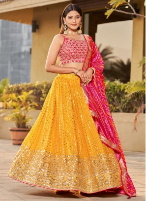 Georgette A Line Lehenga Choli in Pink and Yellow