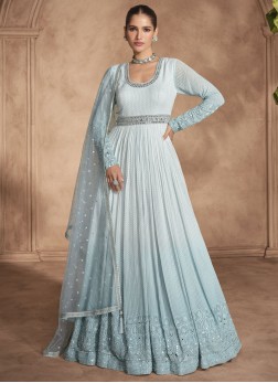 Georgette Aqua Blue Chikankari Work Trendy Gown