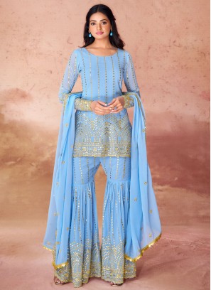 Georgette Aqua Blue Sequins Trendy Salwar Kameez