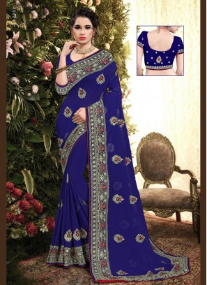 Georgette Blue Embroidered Classic Saree
