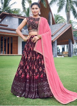 Georgette Burgundy Embroidered Readymade Lehenga Choli