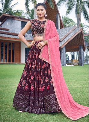 Georgette Burgundy Embroidered Readymade Lehenga Choli