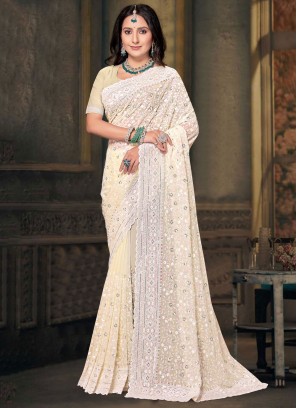 Georgette Cream Designer Saree