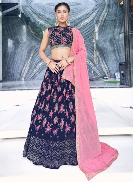 Georgette Digital Print Navy Blue Readymade Lehenga Choli