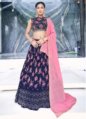 Georgette Digital Print Navy Blue Readymade Lehenga Choli