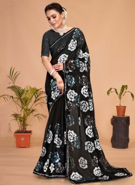 Georgette Embroidered Black Designer Saree