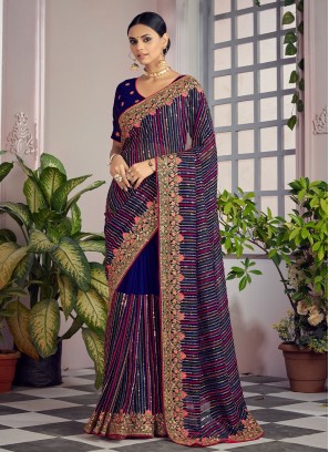 Georgette Embroidered Navy Blue Classic Saree