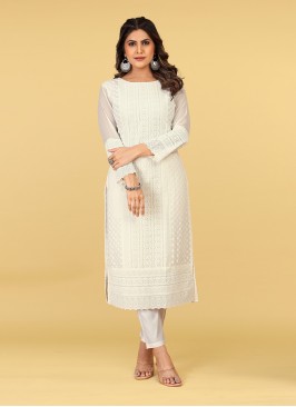 Georgette Embroidered Off White Party Wear Kurti