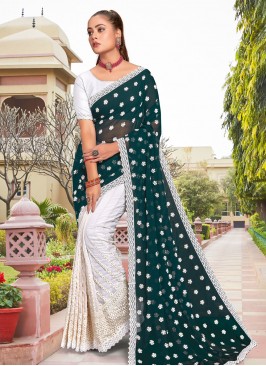 Georgette Embroidered Trendy Saree in Rama and Whi
