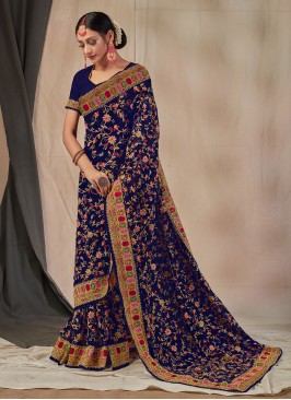 Georgette Navy Blue Embroidered Classic Designer S