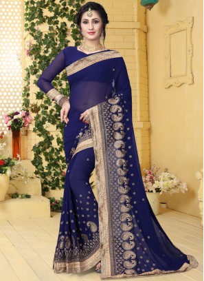 Georgette Navy Blue Embroidered Classic Saree