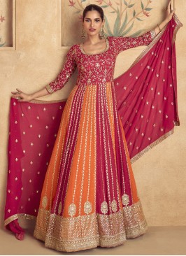 Georgette Orange and Red Sequins Floor Length Gown