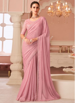 Georgette Pink Embroidered Classic Saree