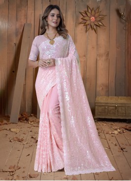 Georgette Pink Embroidered Contemporary Style Sare