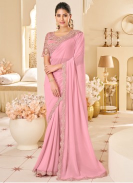 Georgette Pink Embroidered Traditional Saree