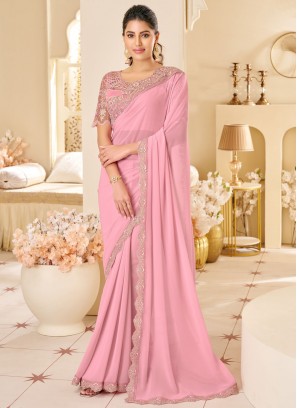 Georgette Pink Embroidered Traditional Saree