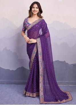 Georgette Purple Embroidered Designer Saree