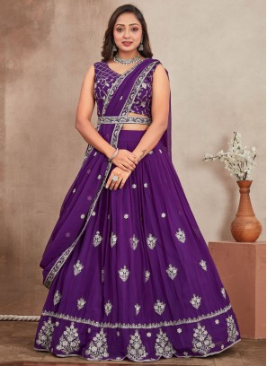 Georgette Purple Embroidered Trendy Lehenga Choli