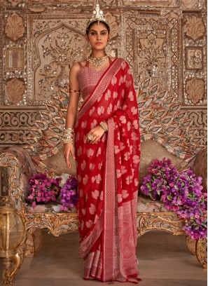 Georgette Red Border Designer Saree