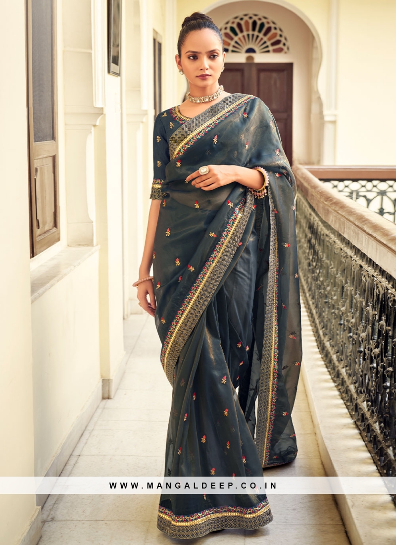 Buy Geroo Jaipur Navy Blue Hand Plain Saree with Jacquard Blouse for Women  Online @ Tata CLiQ Luxury