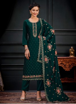 Georgette Thread Work Green Pant Style Suit