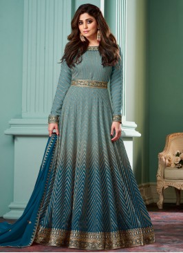 Georgette Zari Aqua Blue and Morpeach  Floor Length Gown