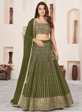 Georgette Zari Designer Lehenga Choli in Green