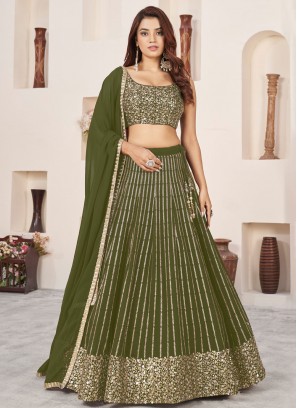 Georgette Zari Designer Lehenga Choli in Green