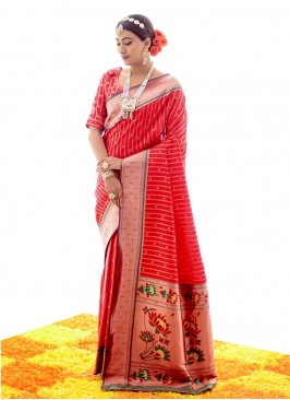 Gilded Red Zari Silk Designer Saree