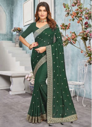 Girlish Green Vichitra Silk Contemporary Saree