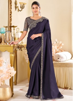 Glamorous Embroidered Purple Classic Saree