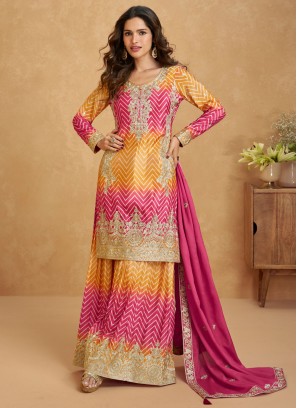 Gleaming Chinon Sequins Rani and Yellow Trendy Salwar Kameez